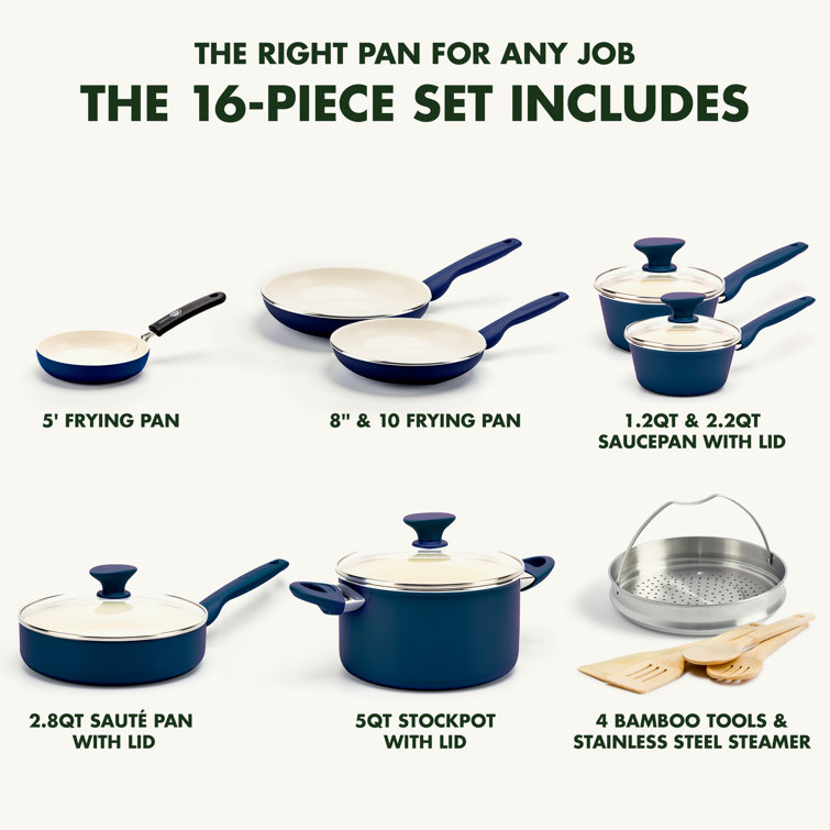 Blue 16-Piece Aluminum Nonstick Cookware Set with Glass Lids