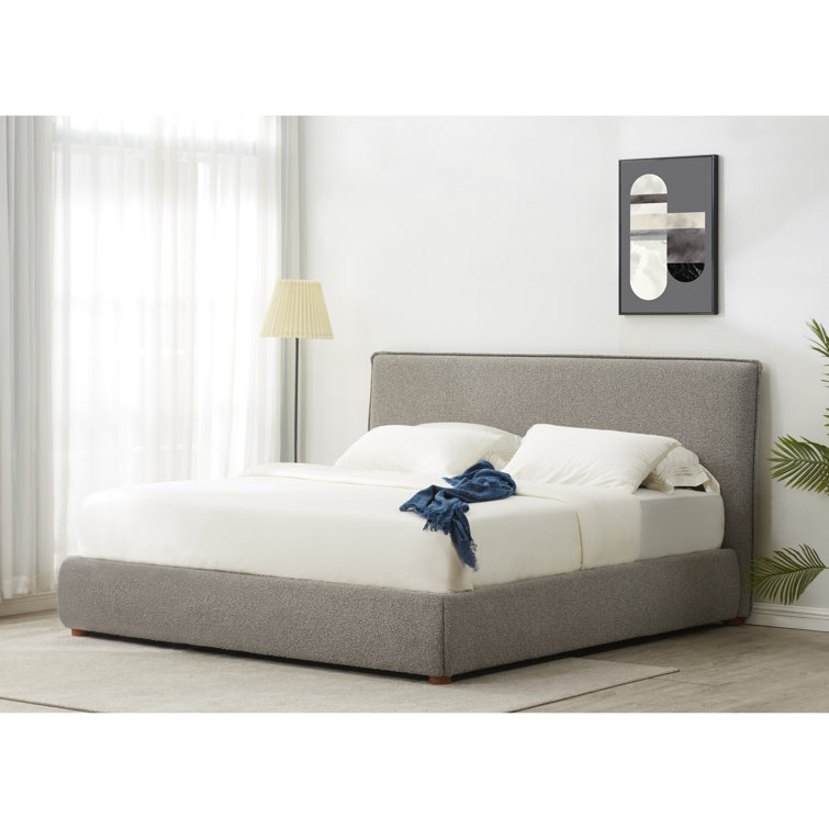 Queen Light Gray Boucle Upholstered Wood Frame Bed with Headboard