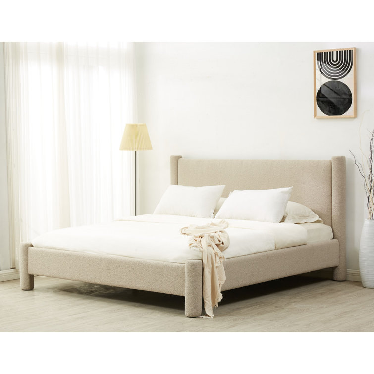 Beige Queen Upholstered Wood Frame Platform Bed