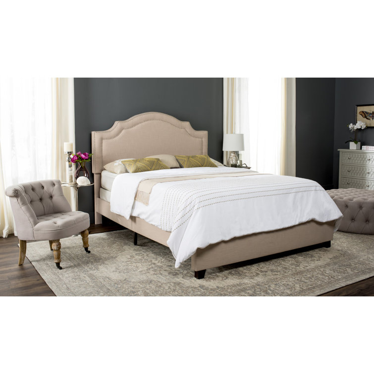 Light Beige Queen Upholstered Bed Frame with Nailhead Trim