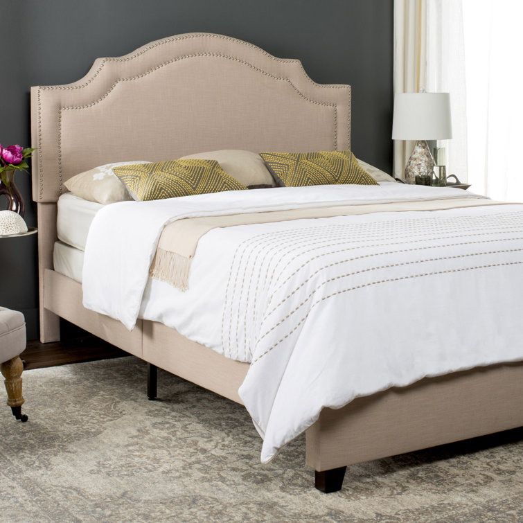 Light Beige Queen Upholstered Bed Frame with Nailhead Trim