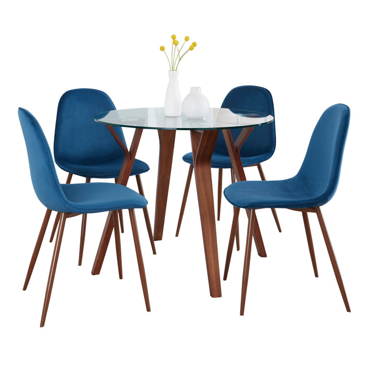Folia 5-Piece Blue Velvet and Glass Top Dining Set
