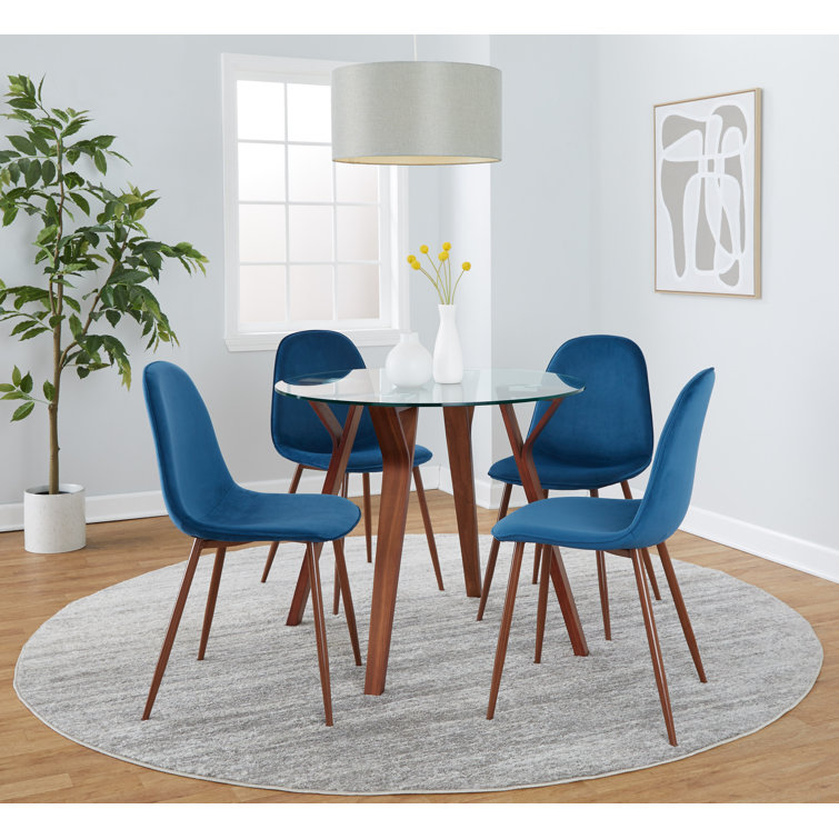 Folia 5-Piece Blue Velvet and Glass Top Dining Set