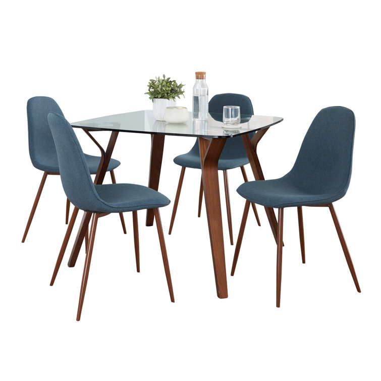Mid-Century Modern Glass Top Dining Set with Blue Chairs