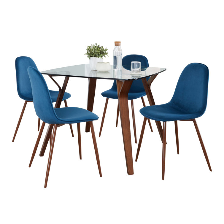 Folia 5-Piece Glass Top Dining Set with Blue Chairs