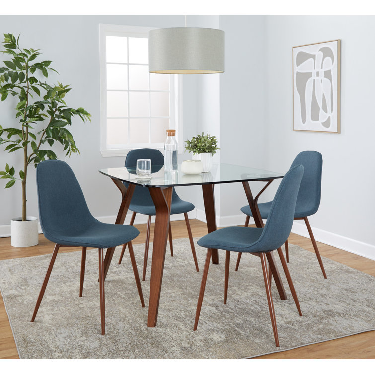 Mid-Century Modern Glass Top Dining Set with Blue Chairs