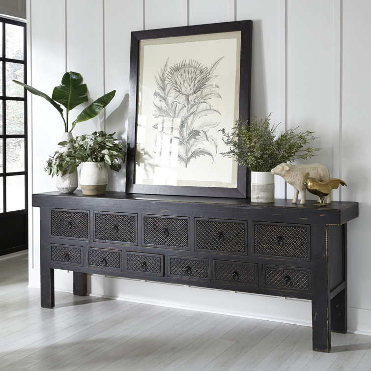 93'' Black Reclaimed Pine Wood Console Table with 11 Drawers