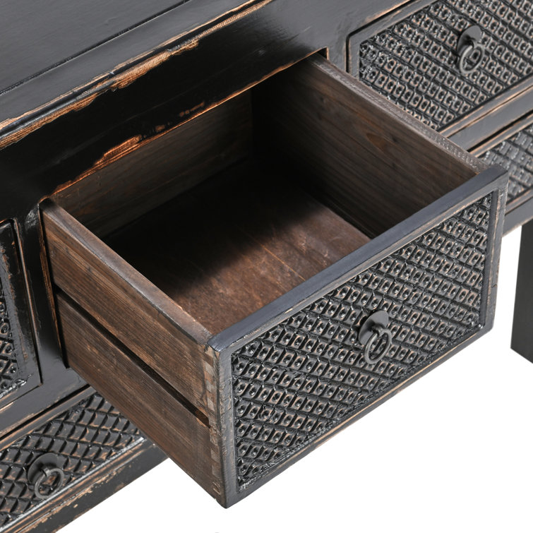 93'' Black Reclaimed Pine Wood Console Table with 11 Drawers