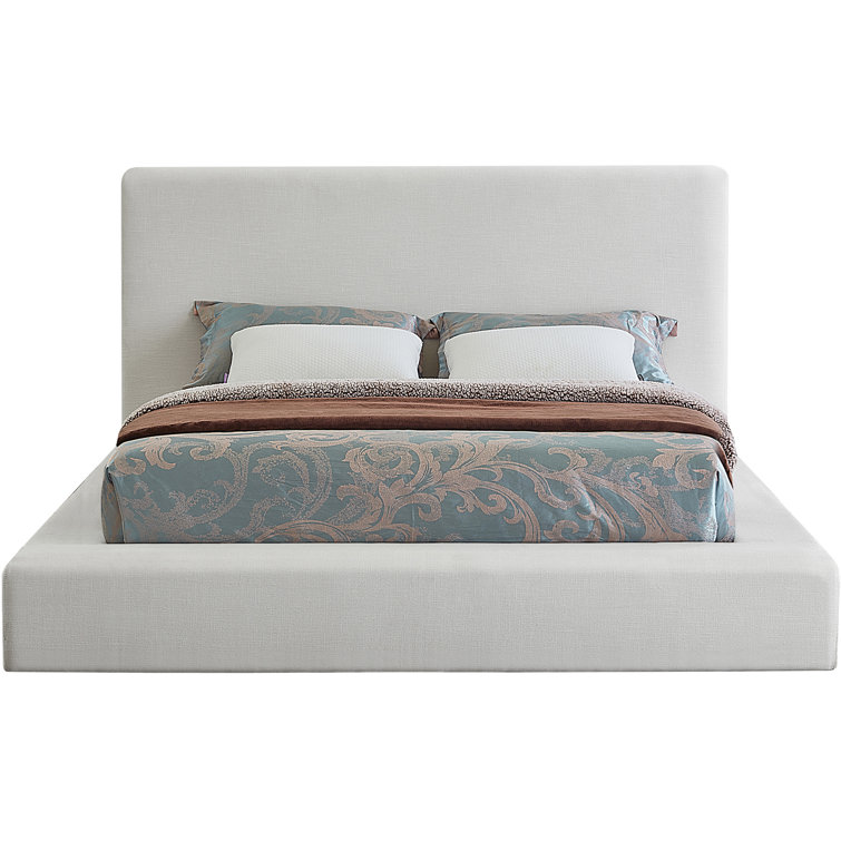 Cream Linen Upholstered Queen Platform Bed with Headboard