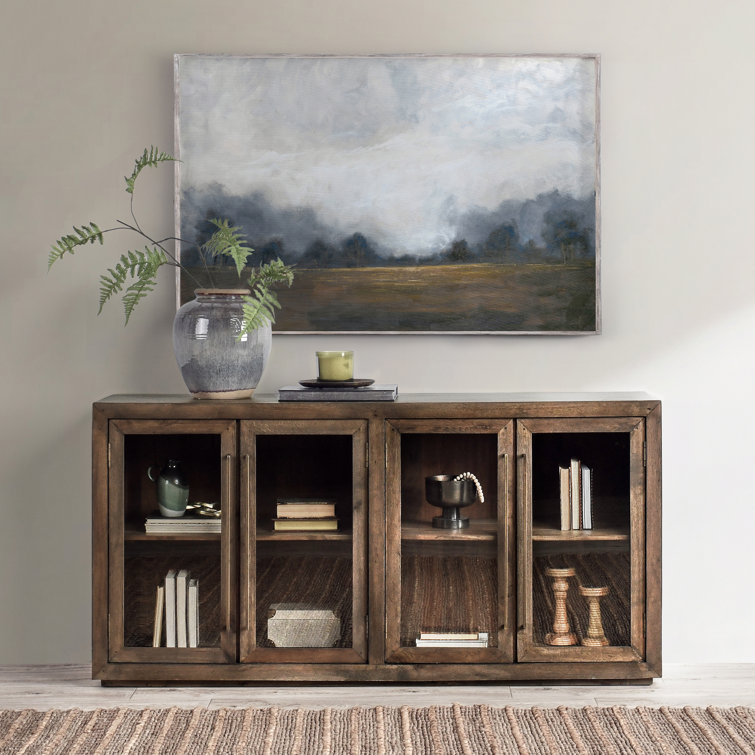 72'' Brown Oak Transitional Sideboard with Glass Doors