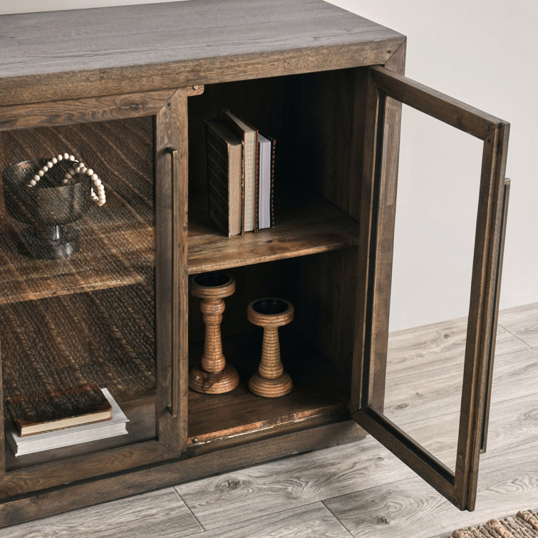 72'' Brown Oak Transitional Sideboard with Glass Doors