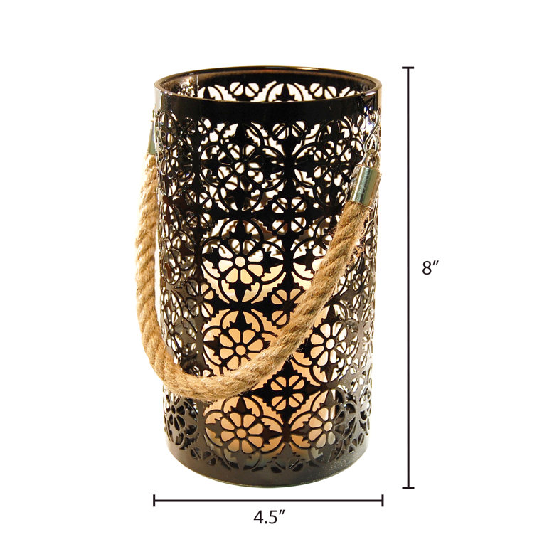 Black Jacquard Metal Hanging Tabletop Lantern with LED Candle