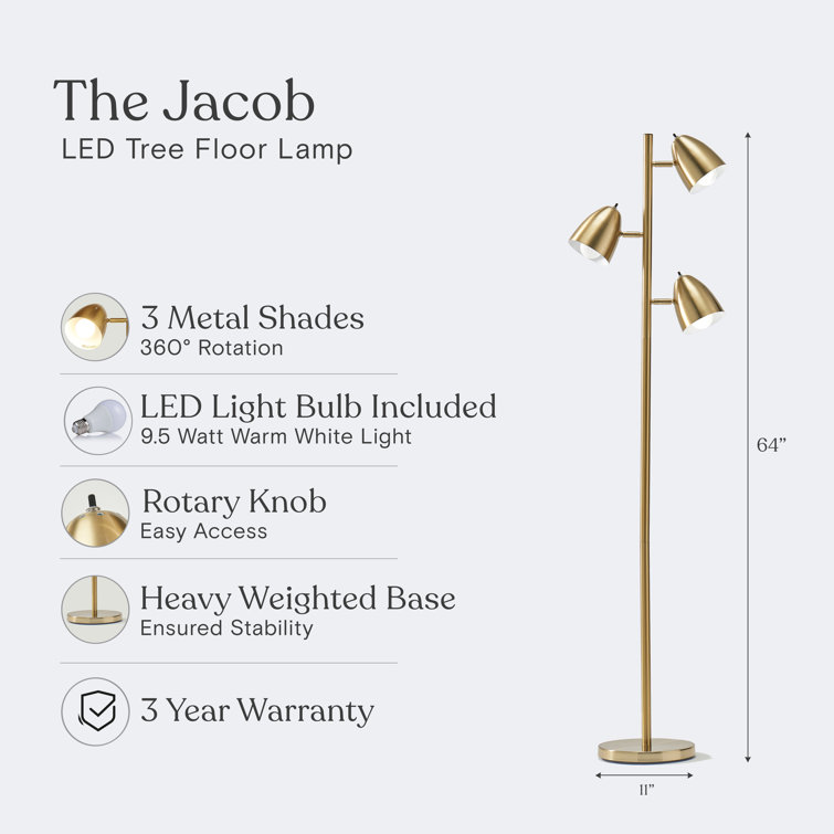Mid-Century Modern Brass 64" Adjustable 3-Light LED Floor Lamp