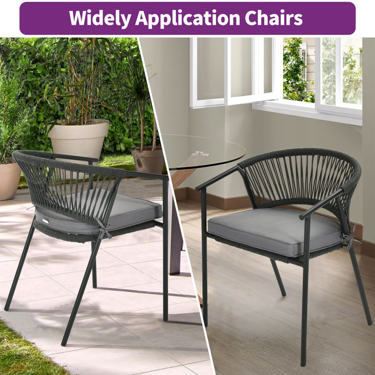 Gray Rope Woven Stackable Outdoor Dining Chairs with Cushions