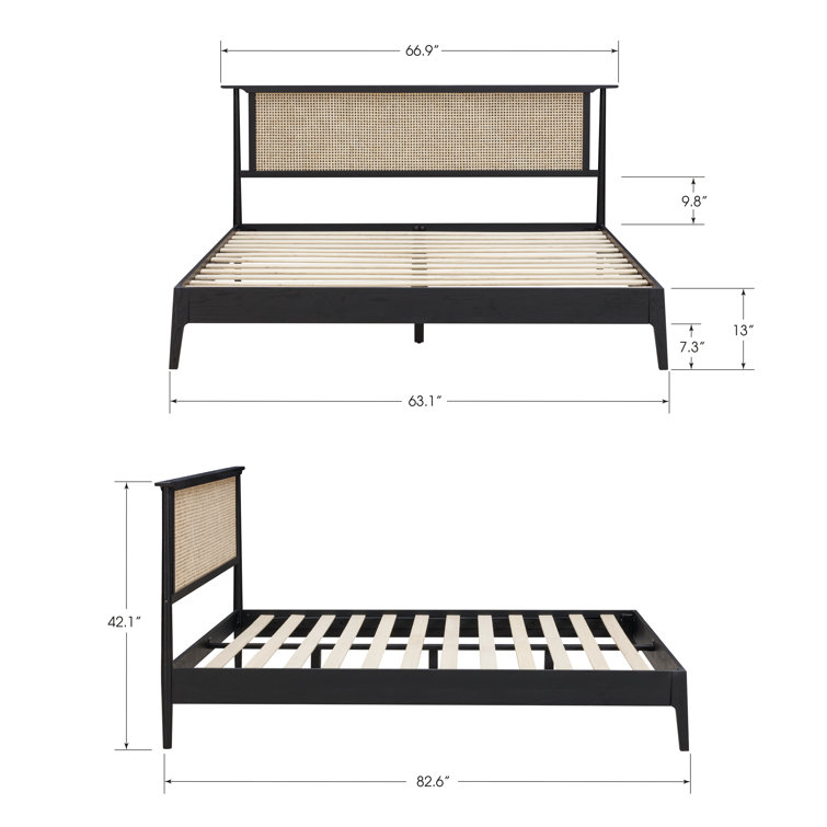 Burnt Black Oak Queen Bed Frame with Rattan Headboard