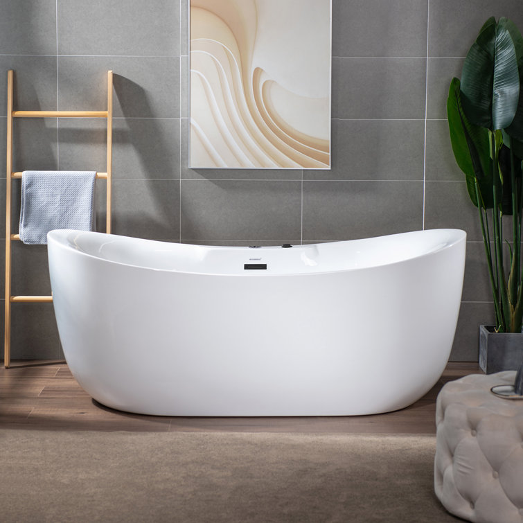72" White Acrylic Freestanding Whirlpool Bathtub with Matte Black Hardware