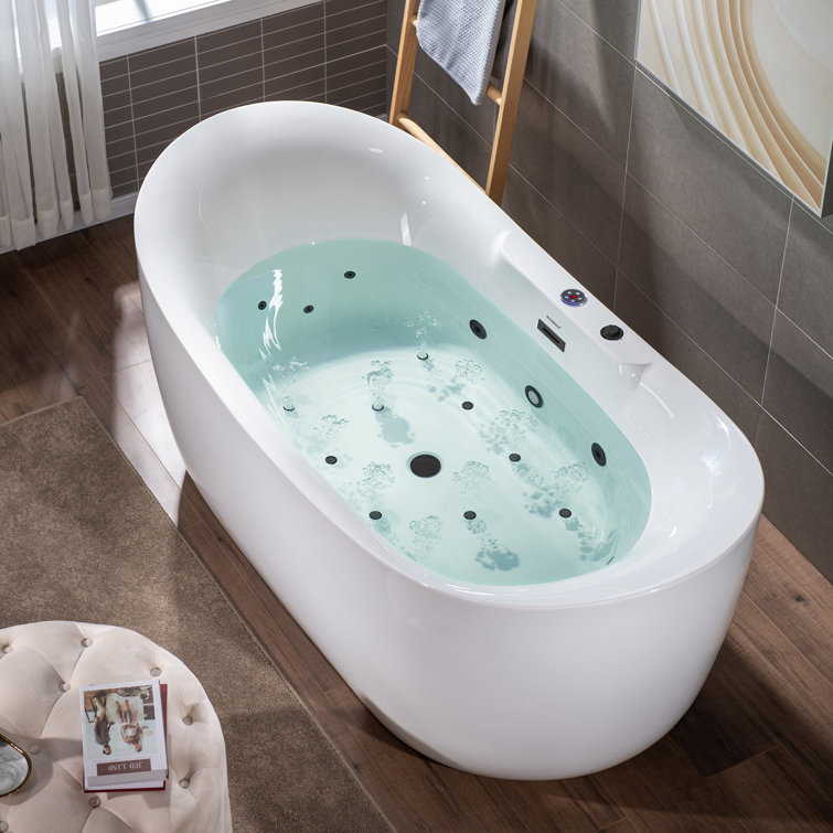 72" White Acrylic Freestanding Whirlpool Bathtub with Matte Black Hardware