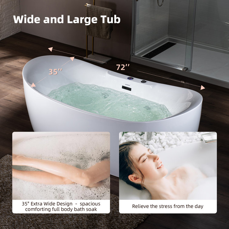 72" White Acrylic Freestanding Whirlpool Bathtub with Matte Black Hardware