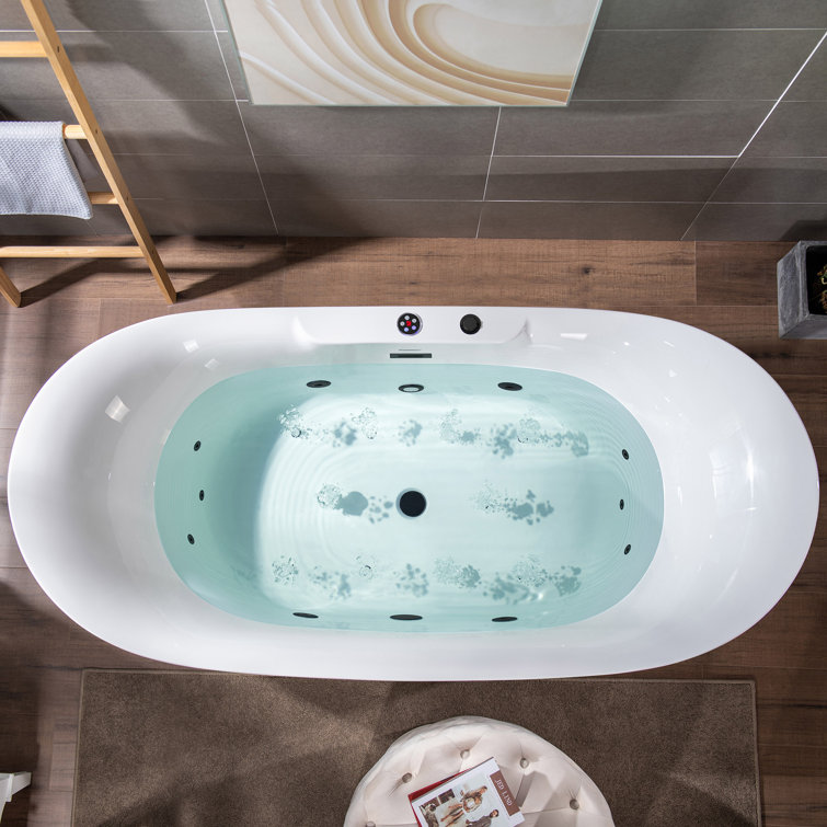 72" White Acrylic Freestanding Whirlpool Bathtub with Matte Black Hardware