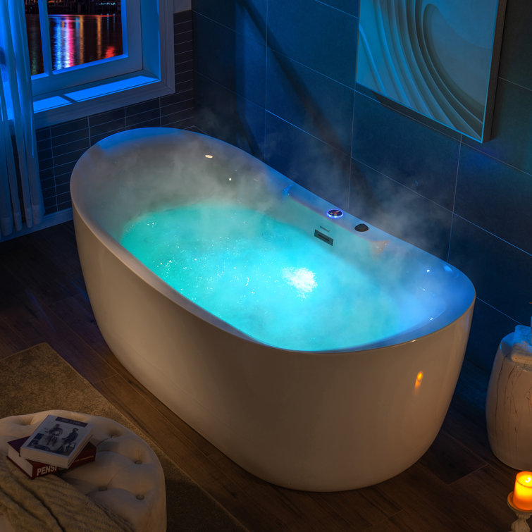 72" White Acrylic Freestanding Whirlpool Bathtub with Matte Black Hardware