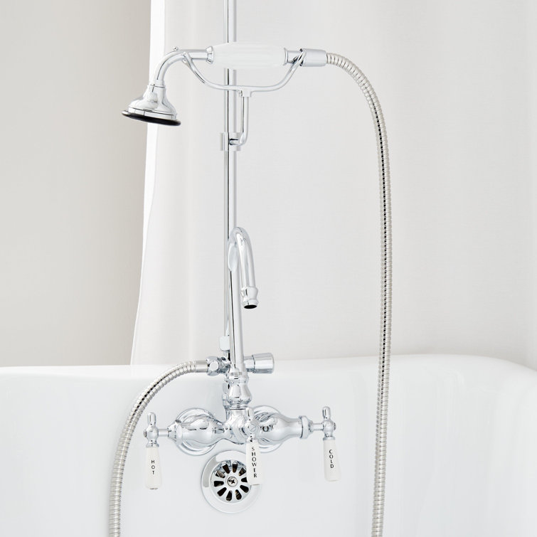 Chrome Multi-head Wall Mounted Tub & Shower Faucet with Porcelain Handles