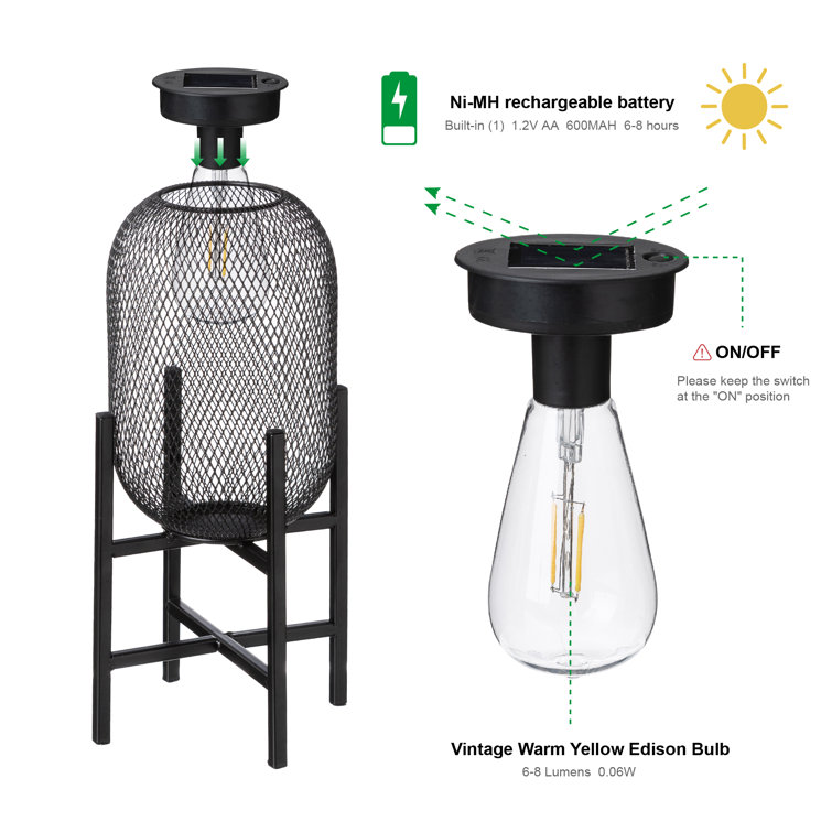 14.25" Black Metal Mesh Solar Outdoor Lantern with Stand