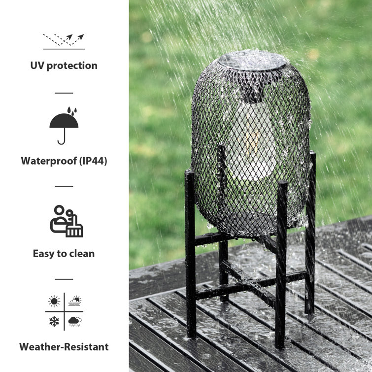 14.25" Black Metal Mesh Solar Outdoor Lantern with Stand