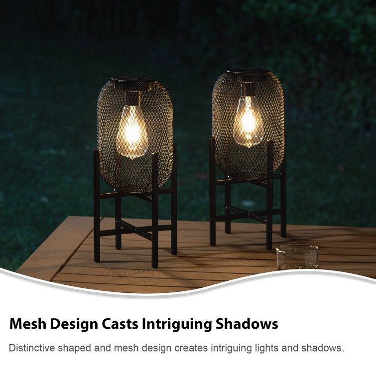 14.25" Black Metal Mesh Solar Outdoor Lantern with Stand