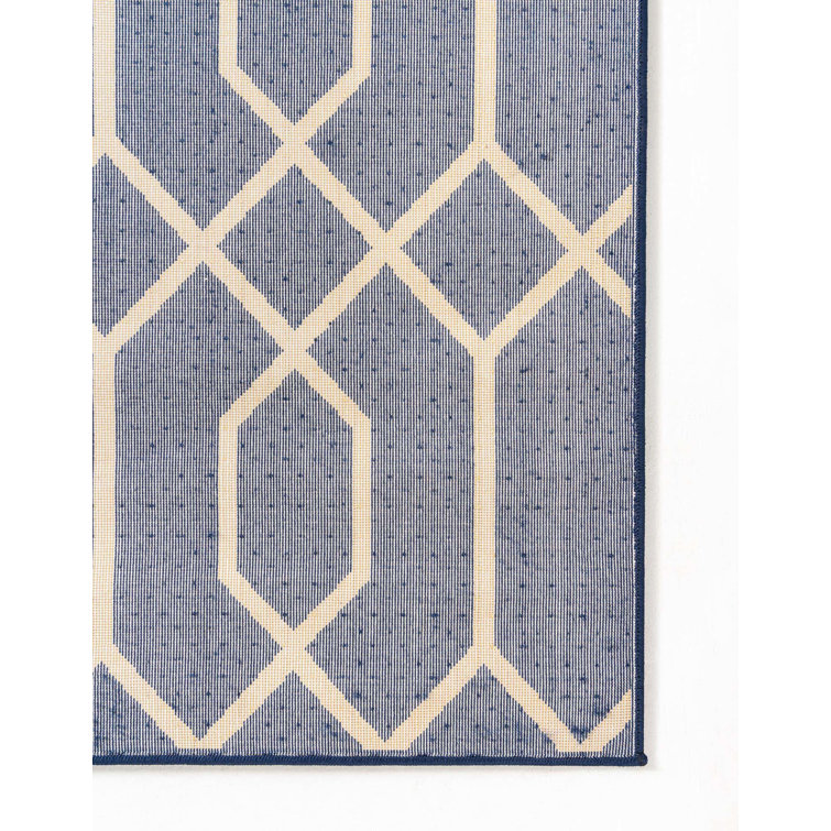 Navy Blue and Gold Trellis Synthetic Rectangular Rug