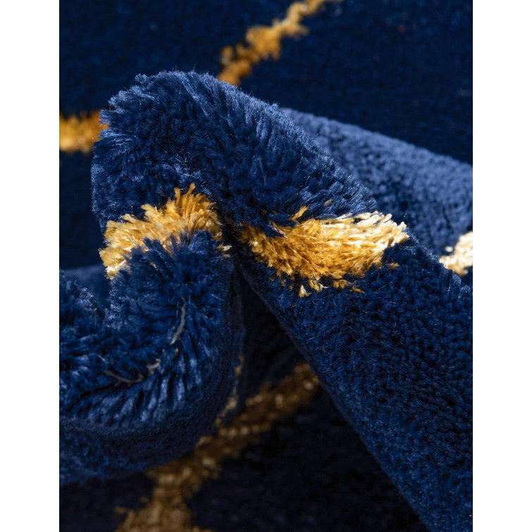 Navy Blue and Gold Trellis Synthetic Rectangular Rug