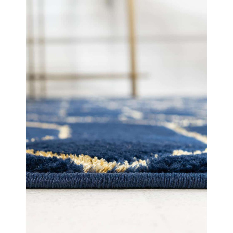 Navy Blue and Gold Trellis Synthetic Rectangular Rug