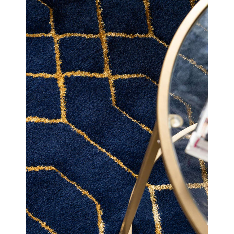 Navy Blue and Gold Trellis 4' x 6' Synthetic Area Rug