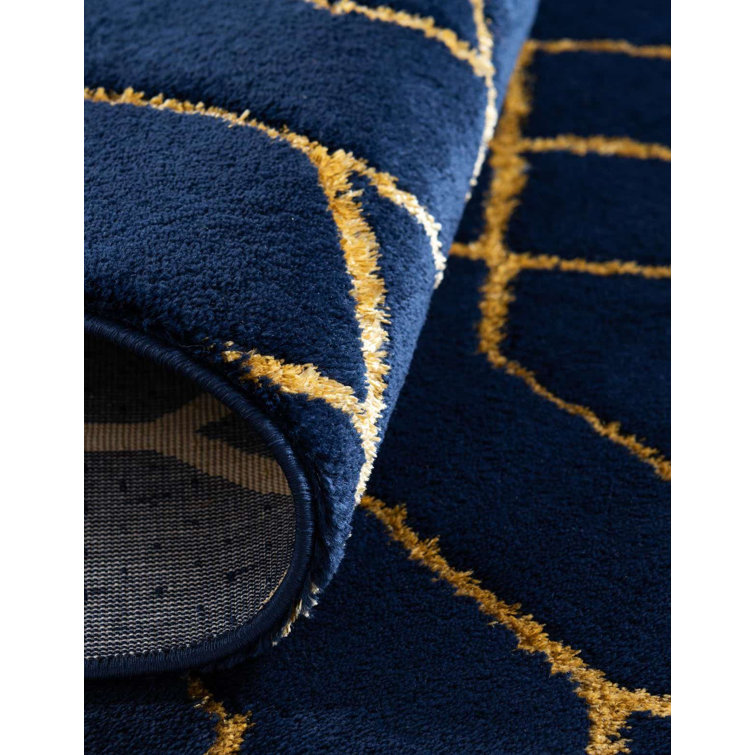Navy Blue and Gold Trellis Synthetic Rectangular Rug