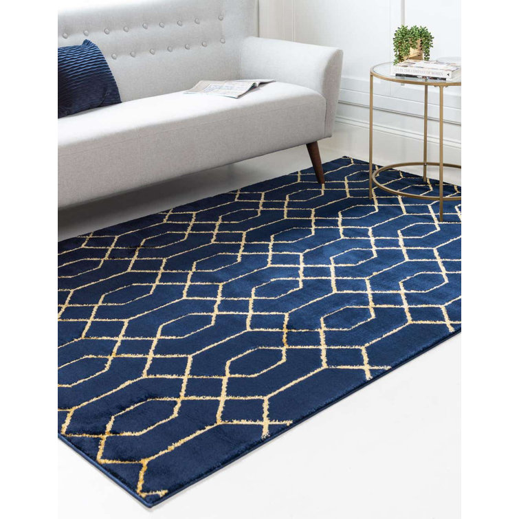 Navy Blue and Gold Trellis Synthetic Rectangular Rug