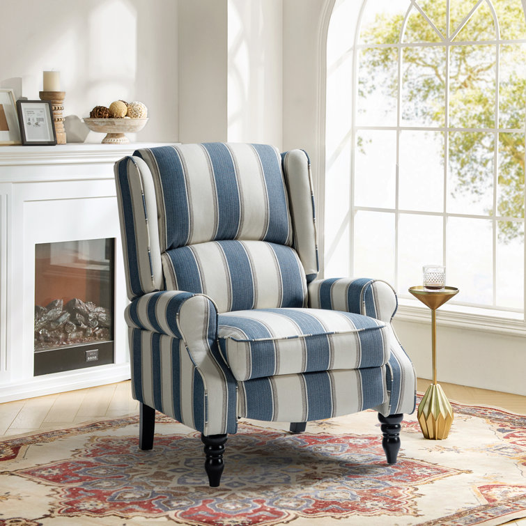 Navy Stripe Polyester Blend Wingback Recliner with Wood Legs