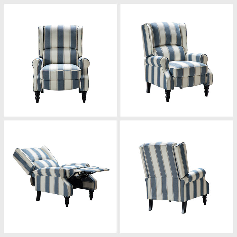 Navy Stripe Polyester Blend Wingback Recliner with Wood Legs