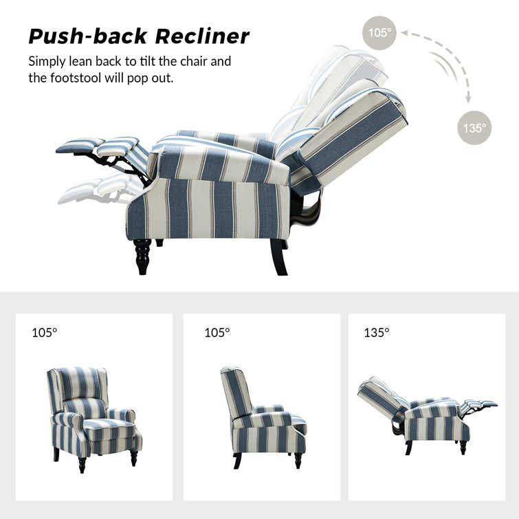 Navy Stripe Polyester Blend Wingback Recliner with Wood Legs