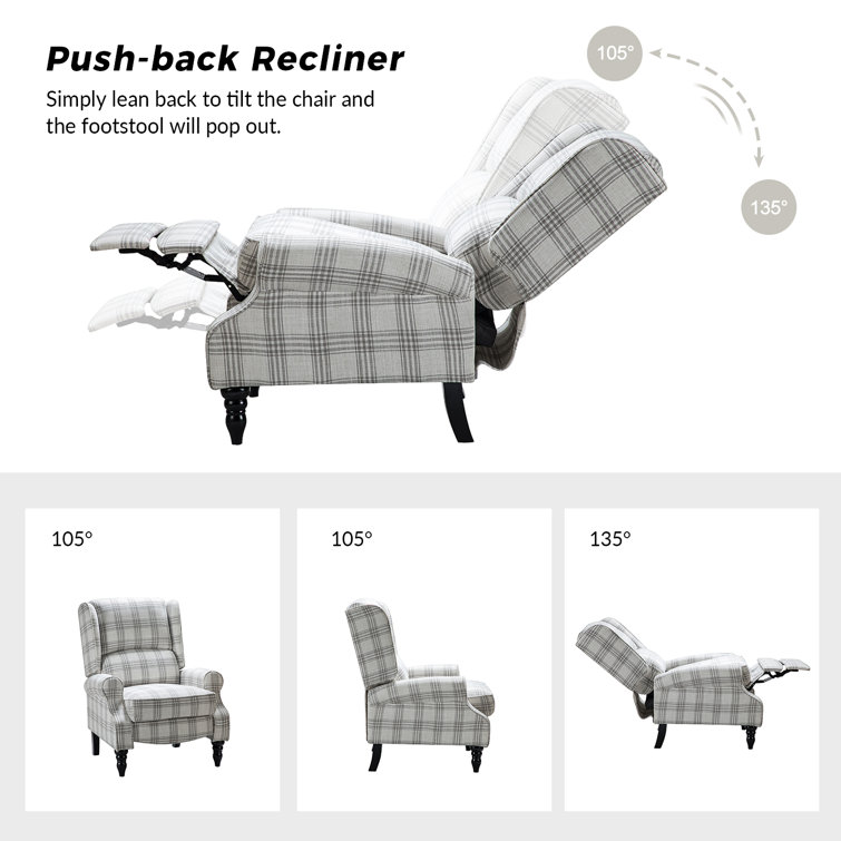 Plaid Gray Wingback Recliner with Manufactured Wood Frame