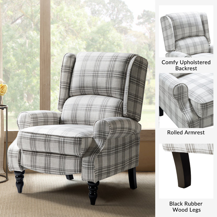 Plaid Gray Wingback Recliner with Manufactured Wood Frame