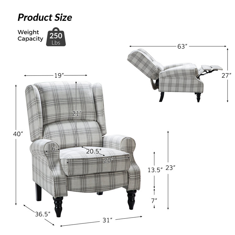 Plaid Gray Wingback Recliner with Manufactured Wood Frame