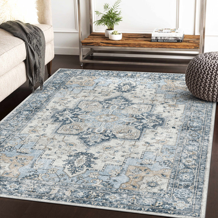 Blue and Beige Diamond Chenille 9' x 12' Washable Area Rug