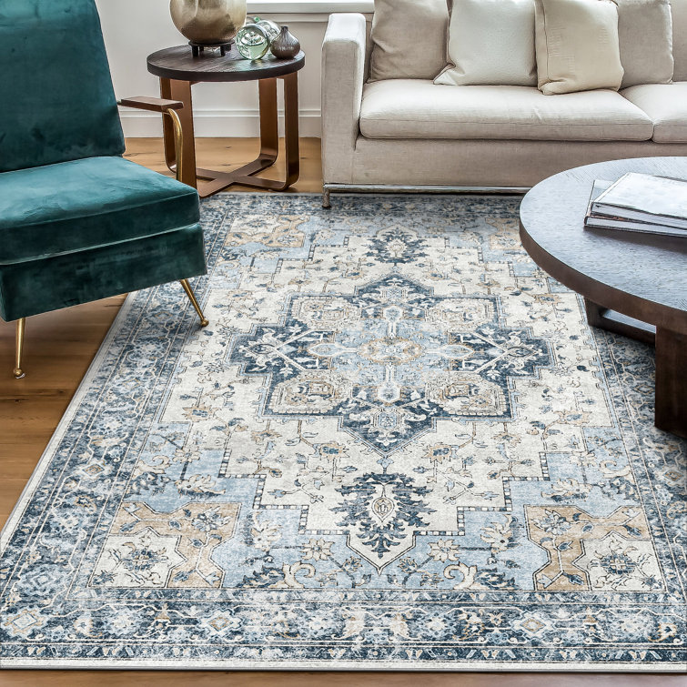 Blue and Beige Diamond Chenille 9' x 12' Washable Area Rug