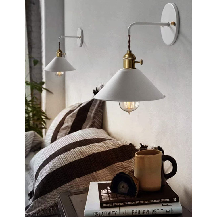 White and Brass Plug-In Wall Sconce Set with Metal Shade