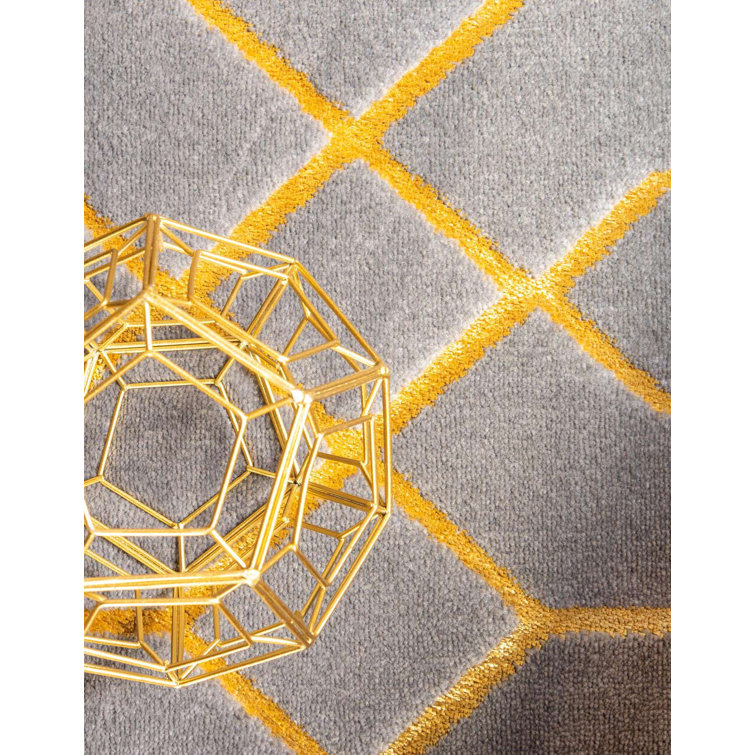Gray and Gold Geometric Trellis Synthetic Indoor Rug