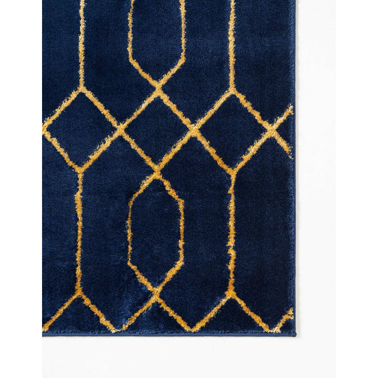 Navy Blue and Gold Trellis Synthetic Rectangular Rug
