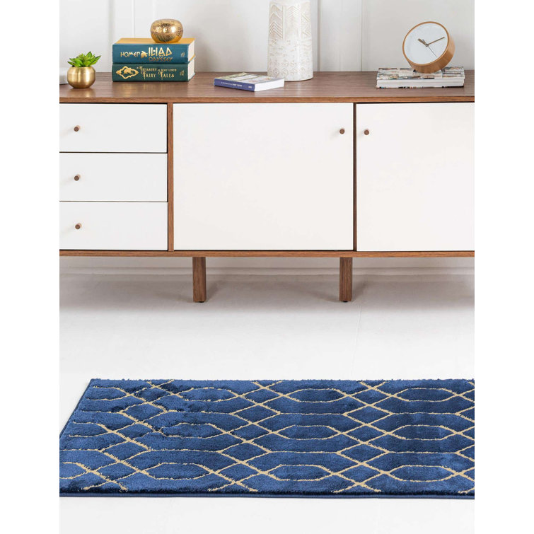 Navy Blue and Gold Trellis Synthetic Runner Rug