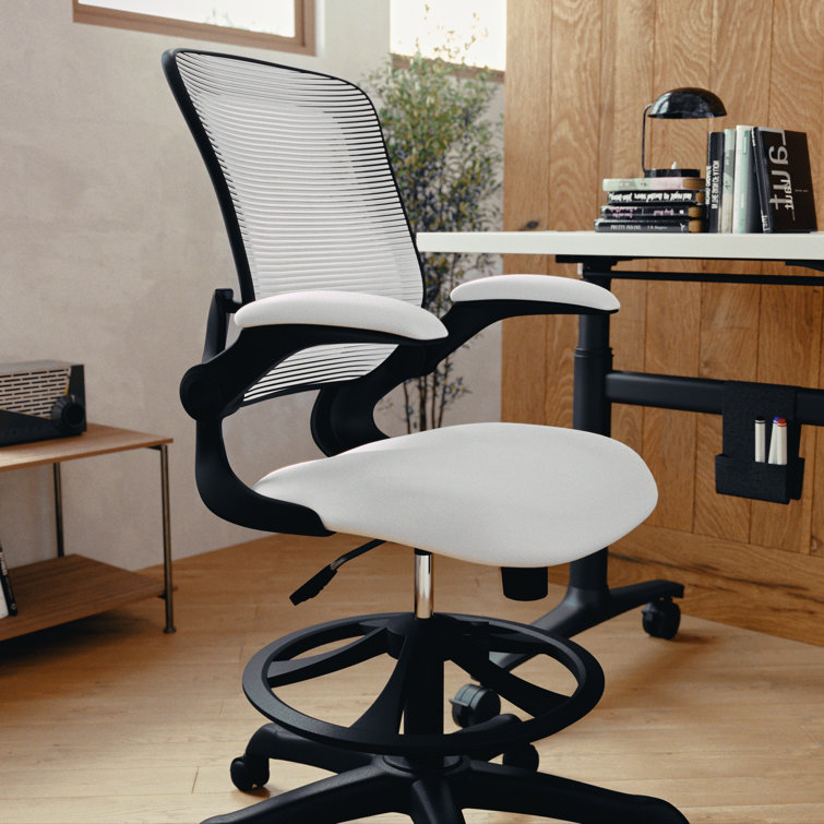 White Mesh Ergonomic Drafting Chair with Adjustable Foot Ring