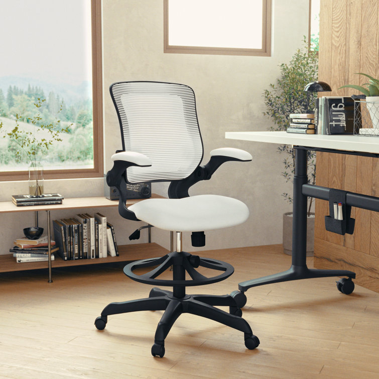 White Mesh Ergonomic Drafting Chair with Adjustable Foot Ring