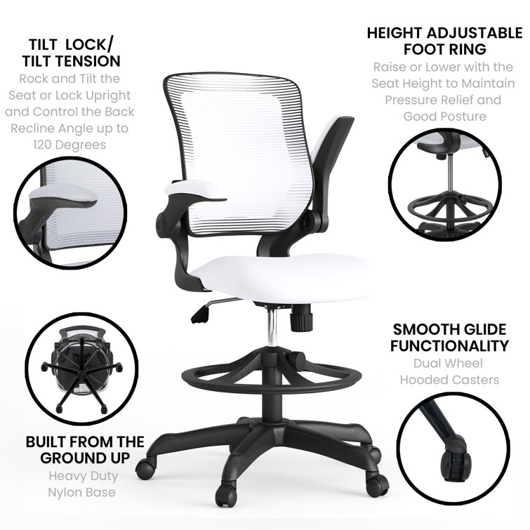 White Mesh Ergonomic Drafting Chair with Adjustable Foot Ring
