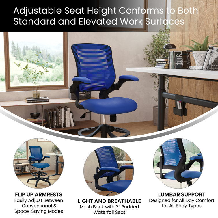 ErgoFlex Mesh Mid-Back Drafting Chair with Adjustable Arms in Blue